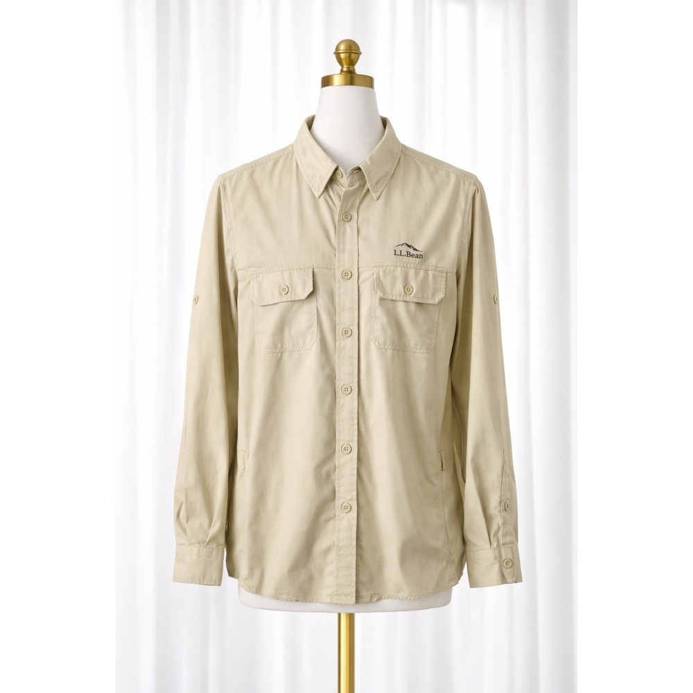 LL Bean Button Shirt‎ Womens 1X Tan No Fly Zone Sun Protection Roll Tab Sleeves